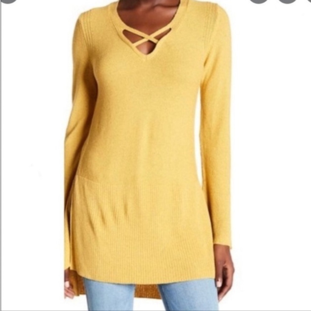 Free people women’s small sweater tunic mustard Yellow Knit criss cross v neck